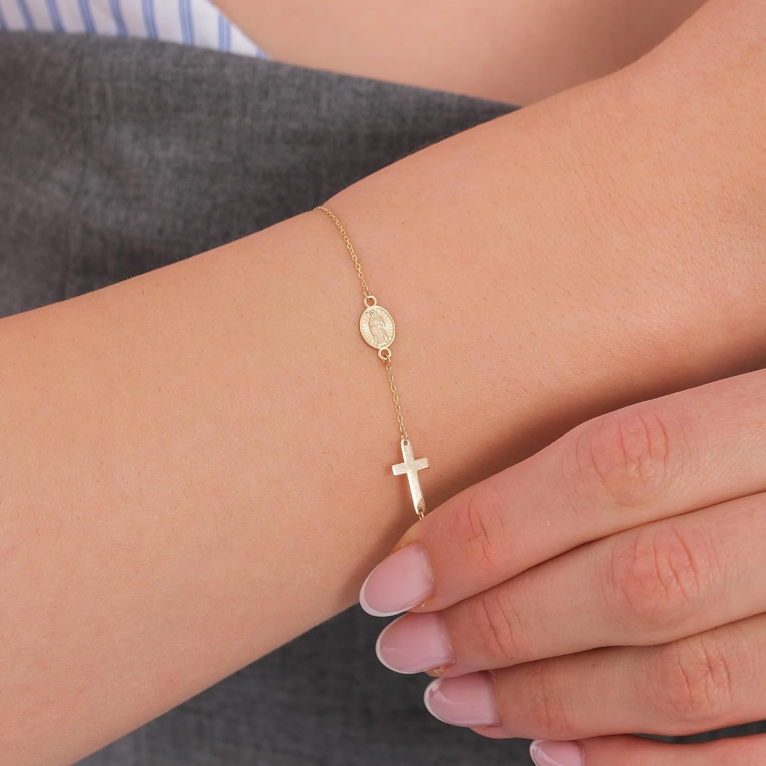 MIONZA 14K Solid Gold Rosary Sideways Cross Bracelet for Women, Adjustable Cross Bracelet, Religious Charm Catholic Jewelry, Christian Baptism Gift for Her