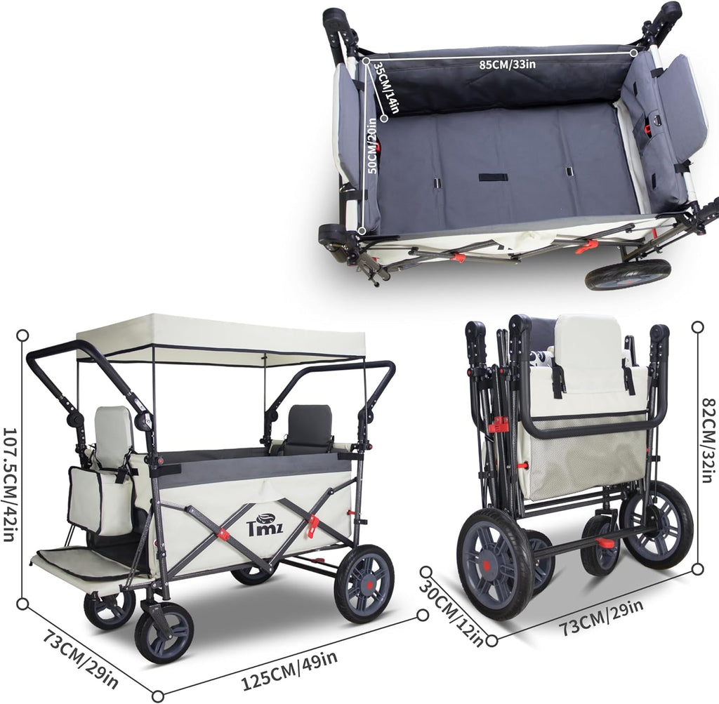 TMZ Collapsible Wagon with 2 Foldable Seats, Folding Wagon with Canopy, Multi Functional Cart with Adjustable Handle Bar, Front Expandable for Transport Camping (Grey/Beige)