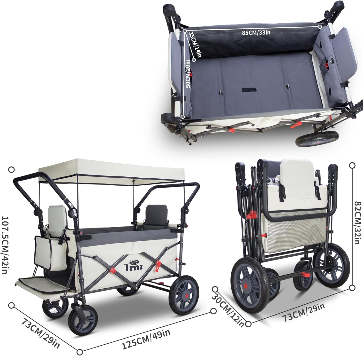 TMZ Collapsible Wagon with 2 Foldable Seats, Folding Wagon with Canopy, Multi Functional Cart with Adjustable Handle Bar, Front Expandable for Transport Camping (Grey/Beige)