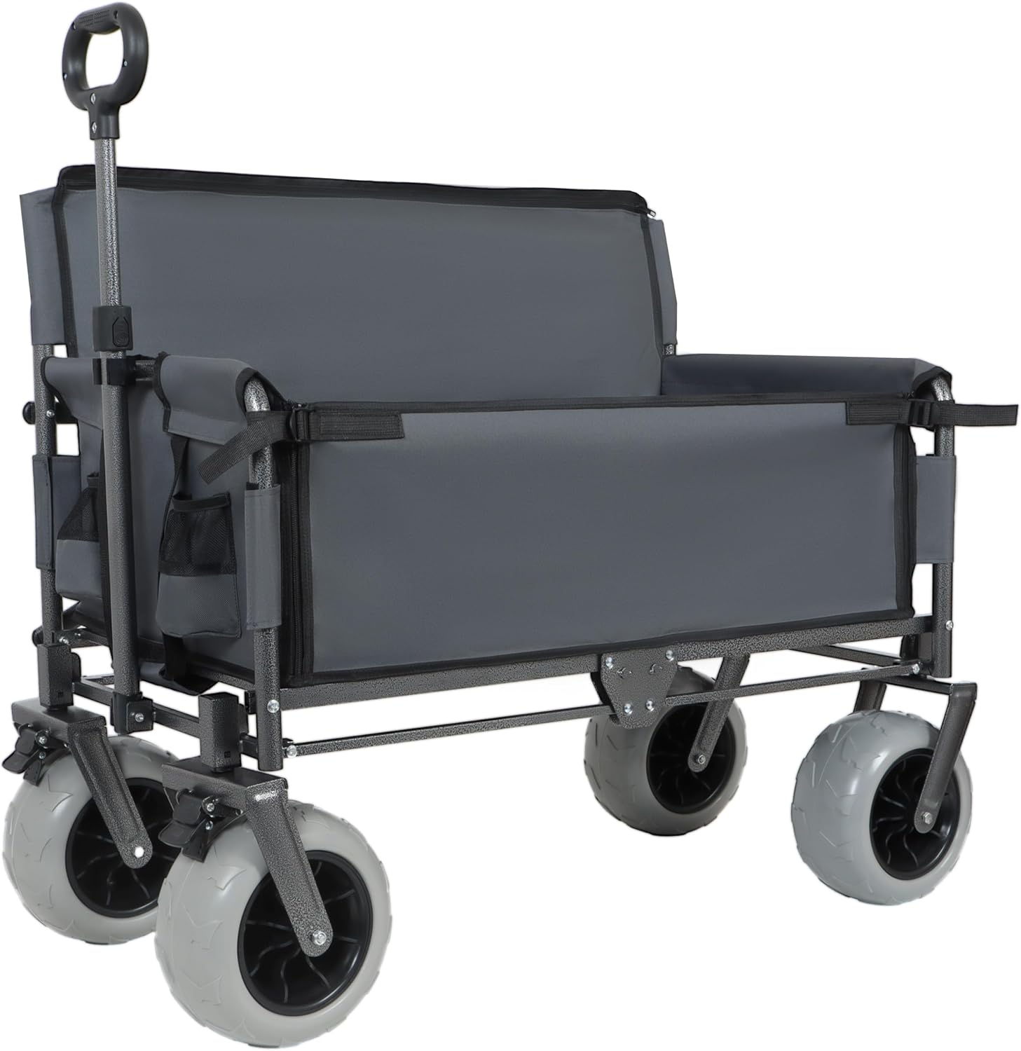 Gray Collapsible Wagon, Bench Seat & Storage, 9'x4' Beach Tires, Steel Frame, Folding Camping Cart for Camping & Beach, 40.94x25.2x44.29 in