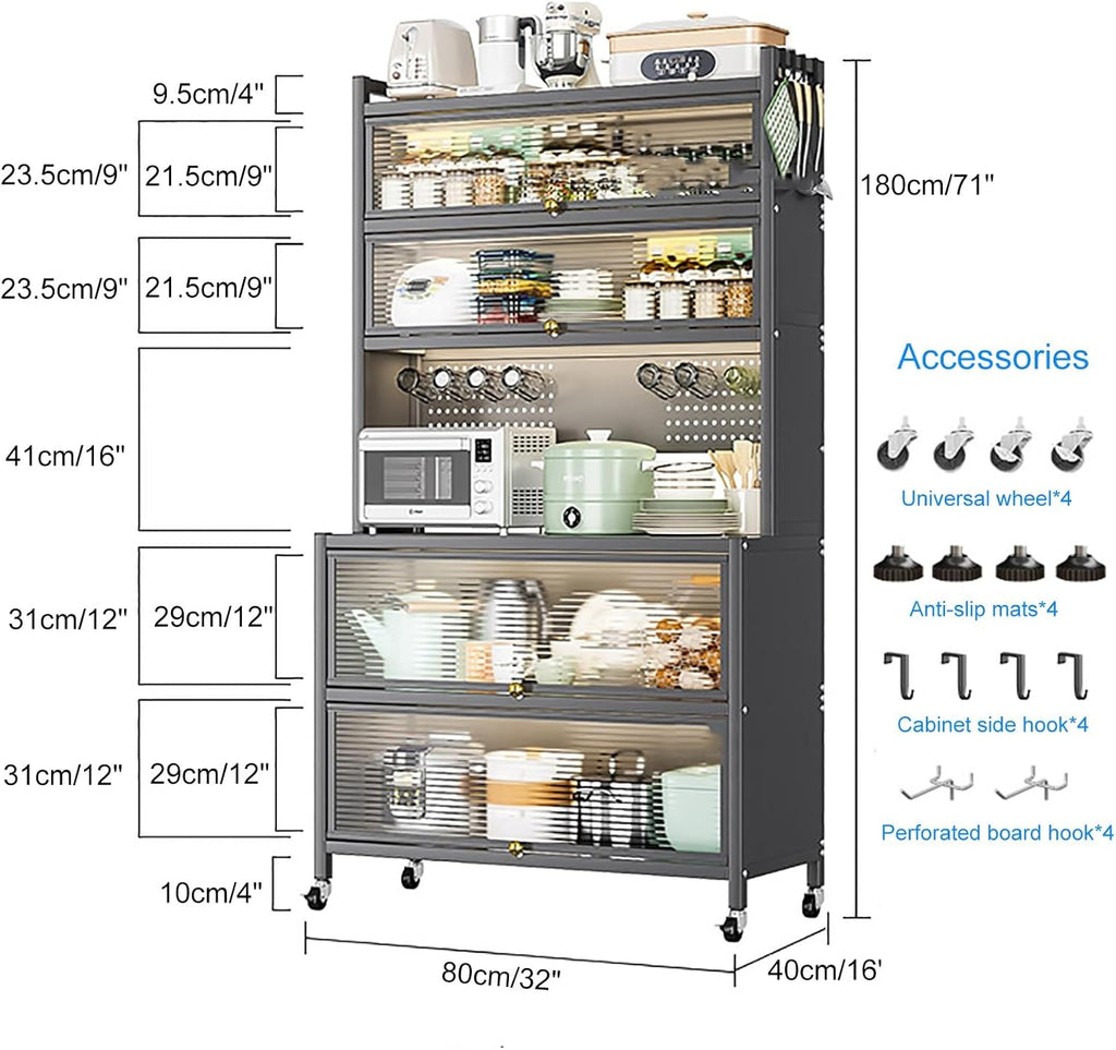 Dark Gray Baker's Rack with Microwave Stand, Kitchen Storage Cabinet, Flip Door & Drawer, Metal Shelves, Pegboard for Home, Garage, Pantry, Spices Organizer