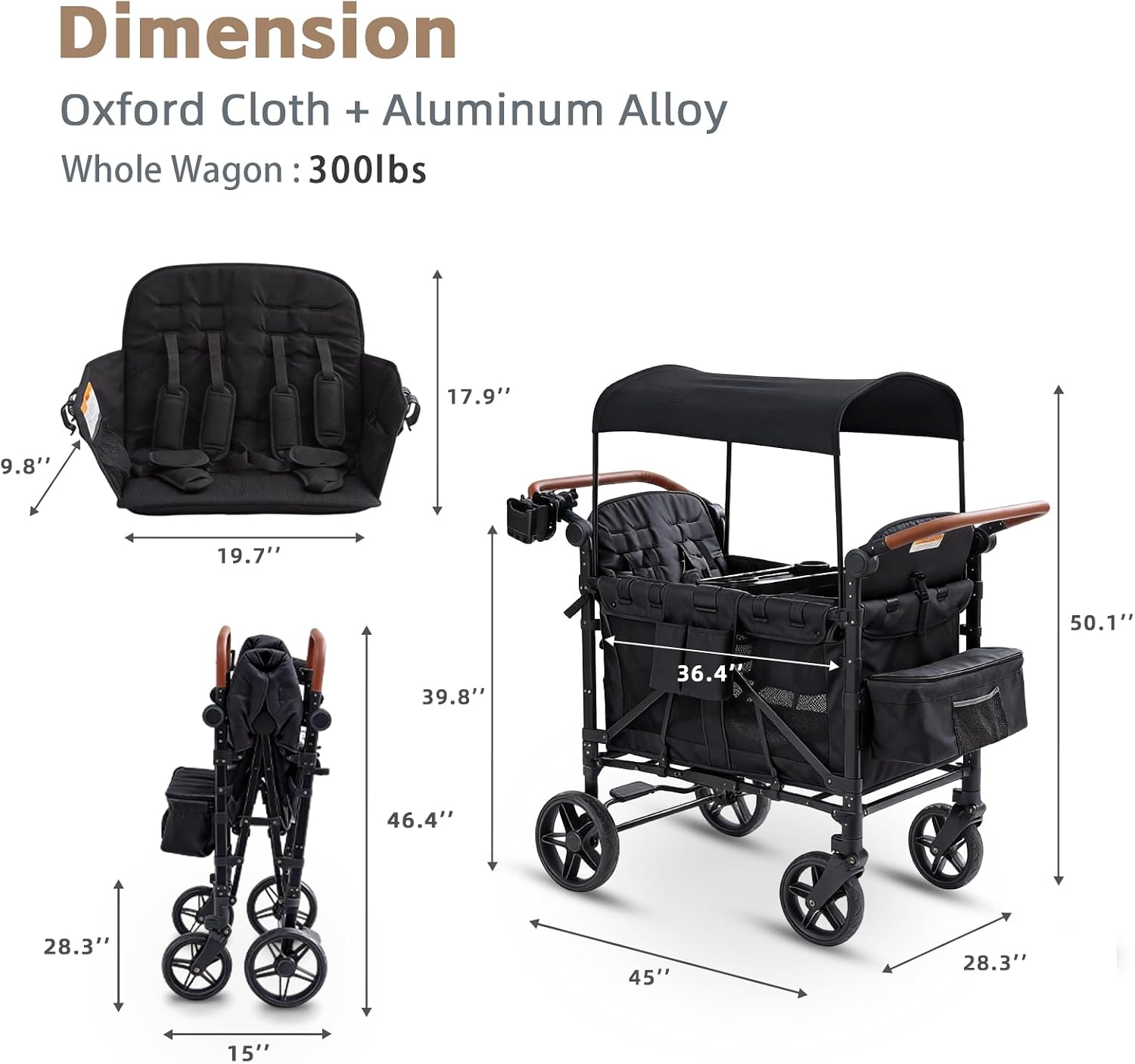 Stroller Wagon for 4 Kids, 4 Seater Wagon Stroller with Snack Tray, Large Storage Bag, Phone Cup Holder, Removable Canopy, Foldable Wagon Stroller 4 Seater with Adjustable Push Handles (Deep Black)