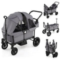 HONEY JOY Wagon Stroller for 2 Kids, 2 Seater Toddler Quad Stroller Wagon, Adjustable Push/Pull Handle Bar, Drop-Down Footwell & Upholstered Seats, Collapsible Kids Wagon with Canopy(Gray)