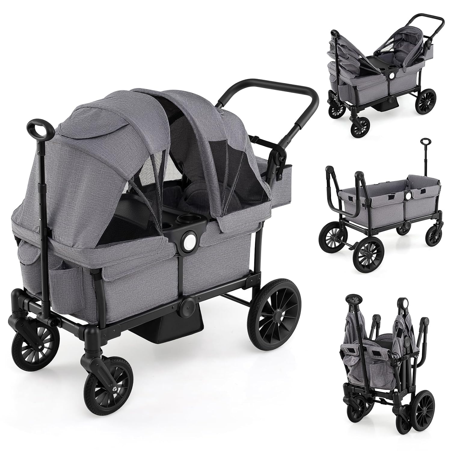 HONEY JOY Wagon Stroller for 2 Kids, 2 Seater Toddler Quad Stroller Wagon, Adjustable Push/Pull Handle Bar, Drop-Down Footwell & Upholstered Seats, Collapsible Kids Wagon with Canopy(Gray)