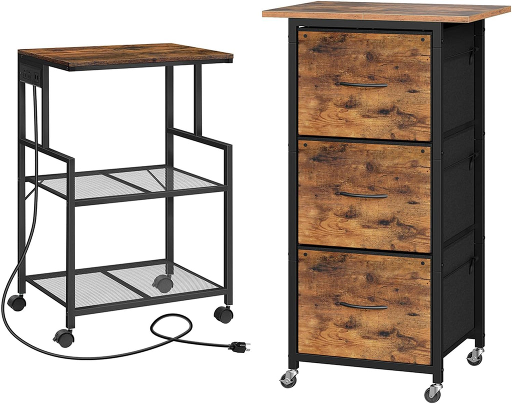 MAHANCRIS Mobile Printer Stand and File Cabinet Bundle, 3-Tier Industrial Printer Cart with Power Outlets and 2 USB Ports, Wheeled Vertical File Cabinet, PTHR78E01-FCHR5901