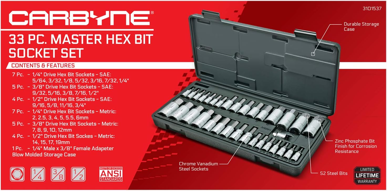 CARBYNE 33-Piece Master Bit Socket Set, SAE & Metric Hex (Allen) Bit Sockets, S2 Steel, 1/4', 3/8' & 1/2' Drive for Automotive, Motorcycle & Furniture Repair