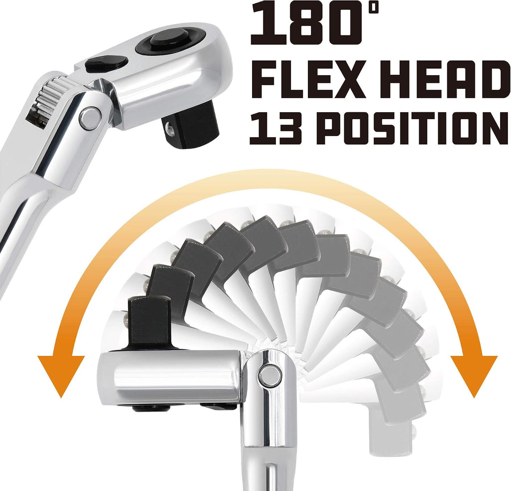 Powerbuilt 4 Piece Pro Tech Long Reach Flex Head Ratchet Set, 72-Tooth, 180° Flex Head, Contoured Grip Handles, 1/4' Dr. x 7', 3/8' Dr. x 9' & 17', 1/2' Dr. x 17' - 240238