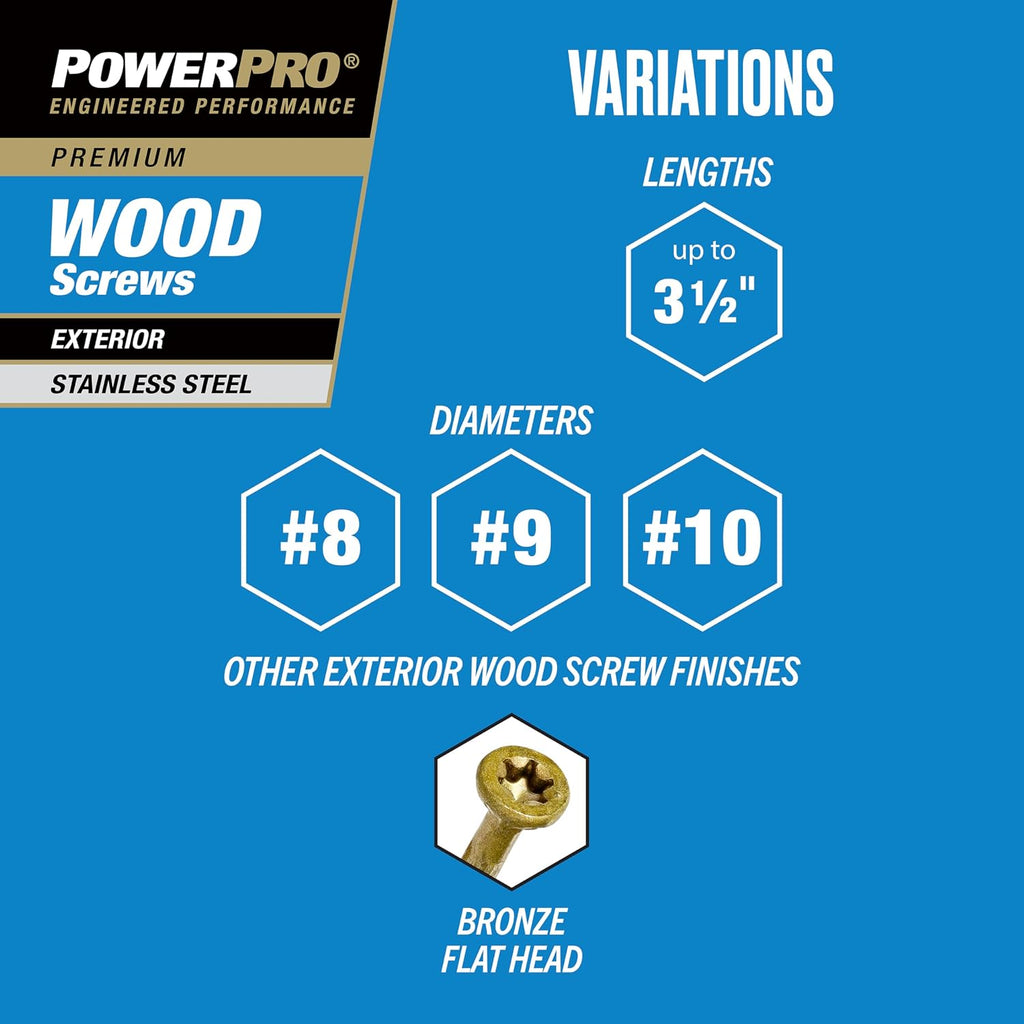 Power Pro 48625 Wood Screws, #8 x 1, Premium Stainless Marine Screws, Rust Resistant, Stainless Steel, 5lb Tub, 860 pcs