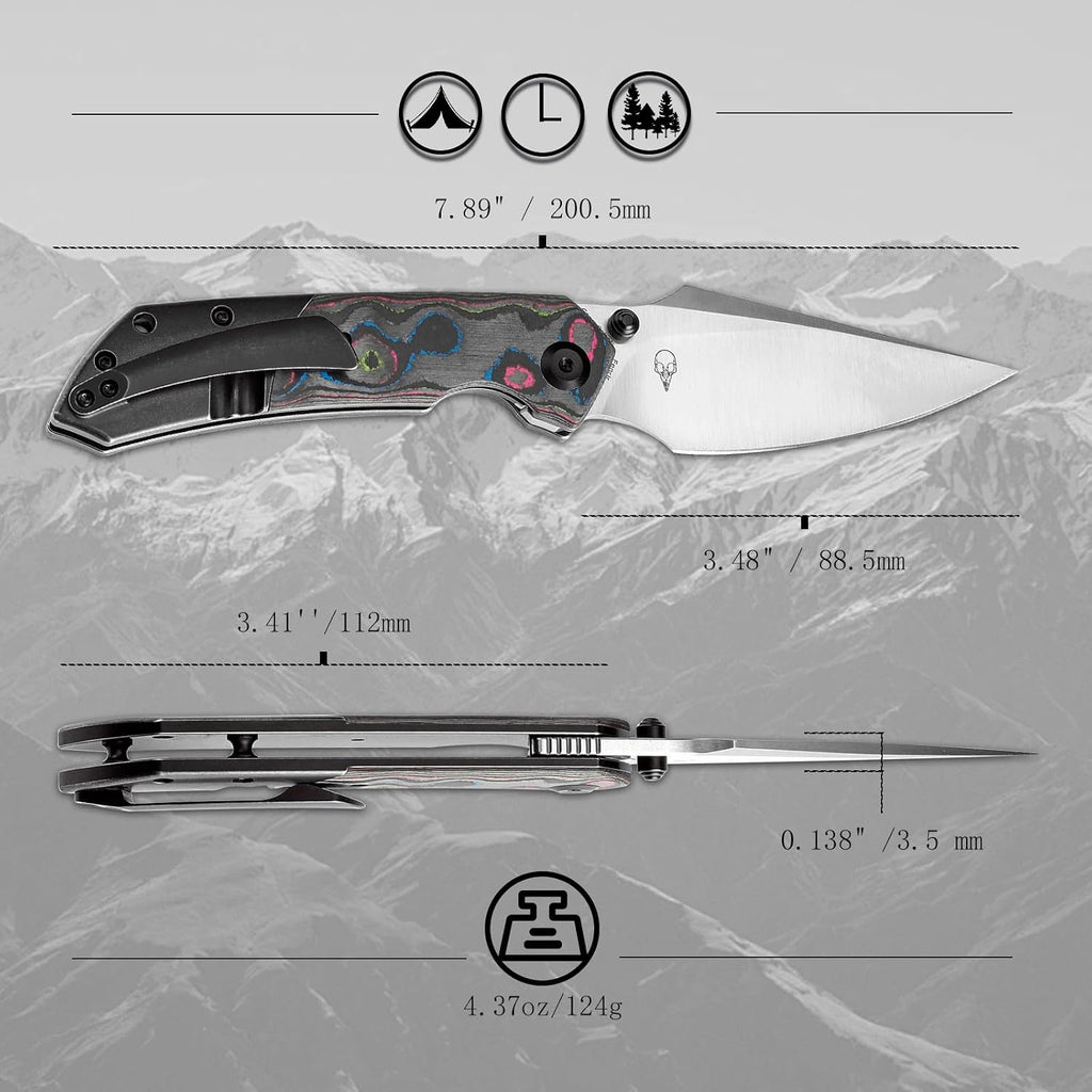 KANSEPT Fenrir Pocket Knife, 3.48'Satin CPM S35VN Harpoon Blade, Blackwash Titanium Handle 80S Carbon Fiber Inlay,Thumb Stud & Liner Lock with Deep Clip EDC Knives for Camping Hunting Survival K1034S1