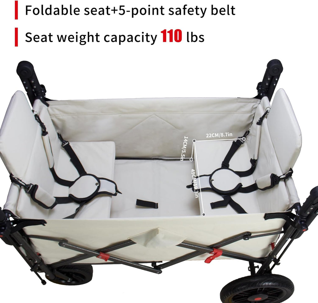 Foldable Wagon with Canopy - Collapsible Utility Cart with 2 Seats & Belts, Adjustable Handle, Expandable Front for Camping, Picnic, Shopping (Beige)