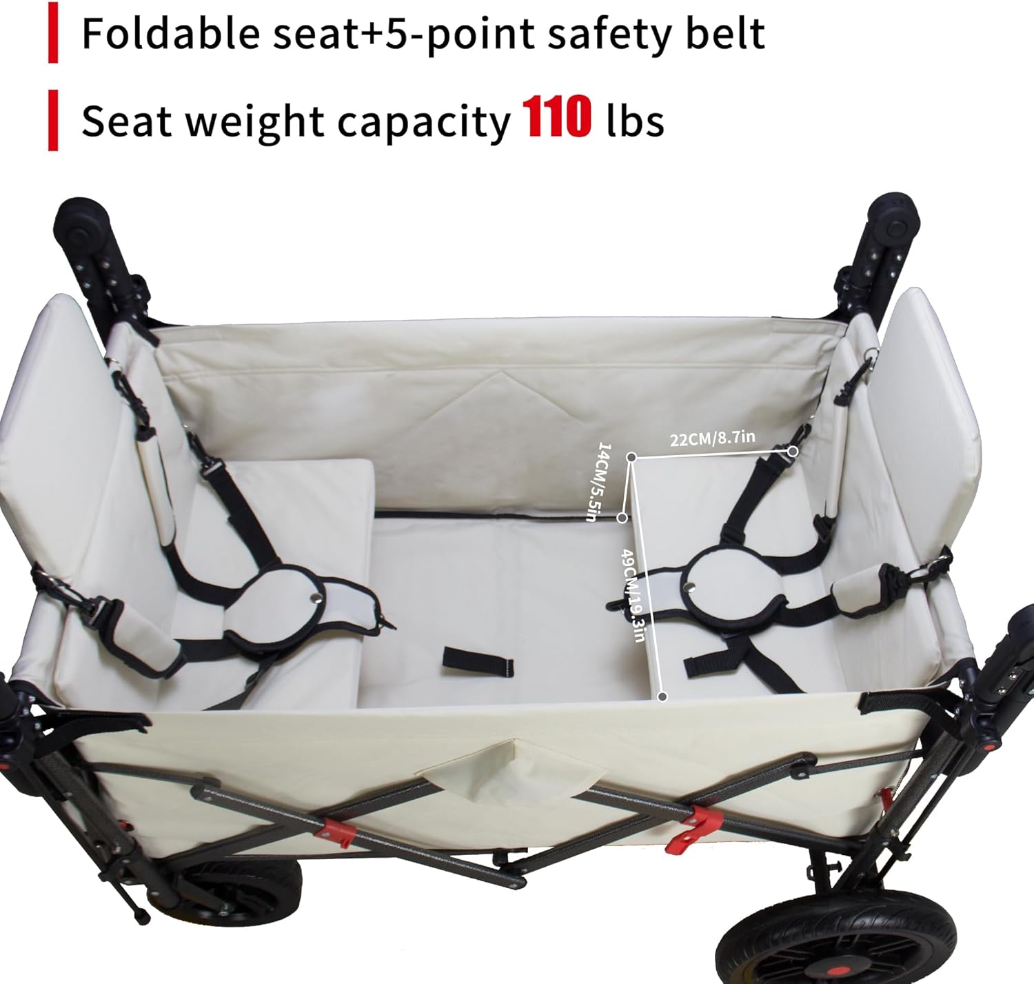 TMZ Collapsible Wagon with 2 Foldable Seats, Folding Wagon with Canopy, Multi Functional Cart with Adjustable Handle Bar, Front Expandable for Transport Camping (Beige)