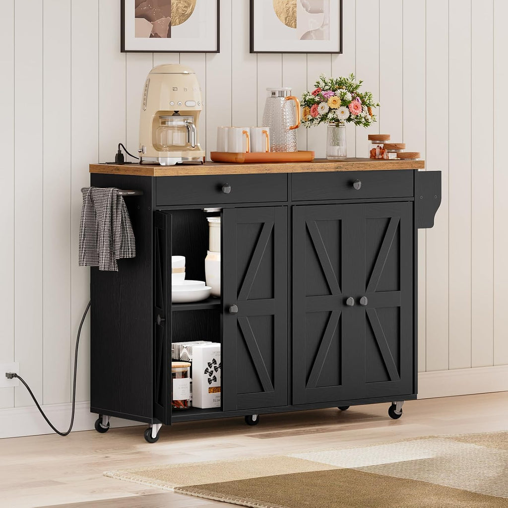 HOOBRO Kitchen Island with Power Outlet, Rolling Kitchen Island with Storage, Kitchen Island Cart with Spice Rack and Hooks, Island Table for Living Room, Rustic Brown and Black BF11UZD01