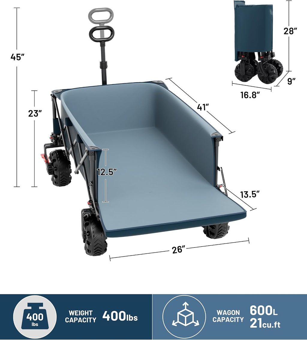 TIMBER RIDGE 600L Beast Wagon 26' W Extra Wide All Terrain Folding w/Big Wheels, Cargo Net & Tailgate, 26' W and 54.5' L, 400lbs Heavy Duty Collapsible Portable Cart for Camping, Sports, Dogs, Blue
