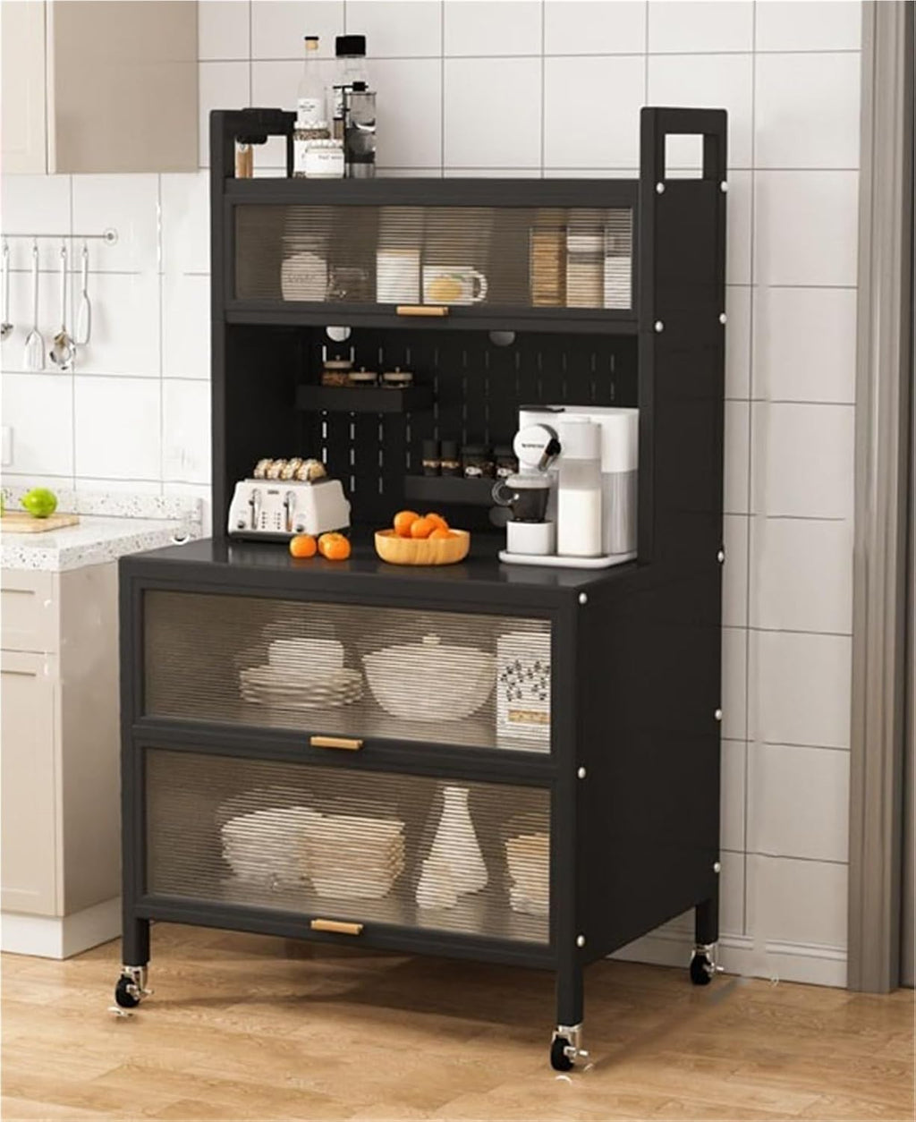 5-Tier Bakers Rack for Kitchen l Sideboard Baker's Storage Cabinet Multifunctional Microwave Stand with Accessories Storage Cabinets with Flip Door for Home,Living Room