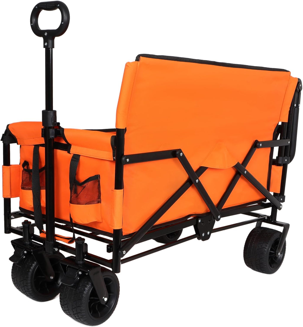 3-in-1 Heavy-Duty Folding Wagon Cart with Adjustable Canopy & Bench Seat – 500lbs Capacity, All-Terrain Utility Cart for Camping, Beach, Sports, Garden Storage (Orange)