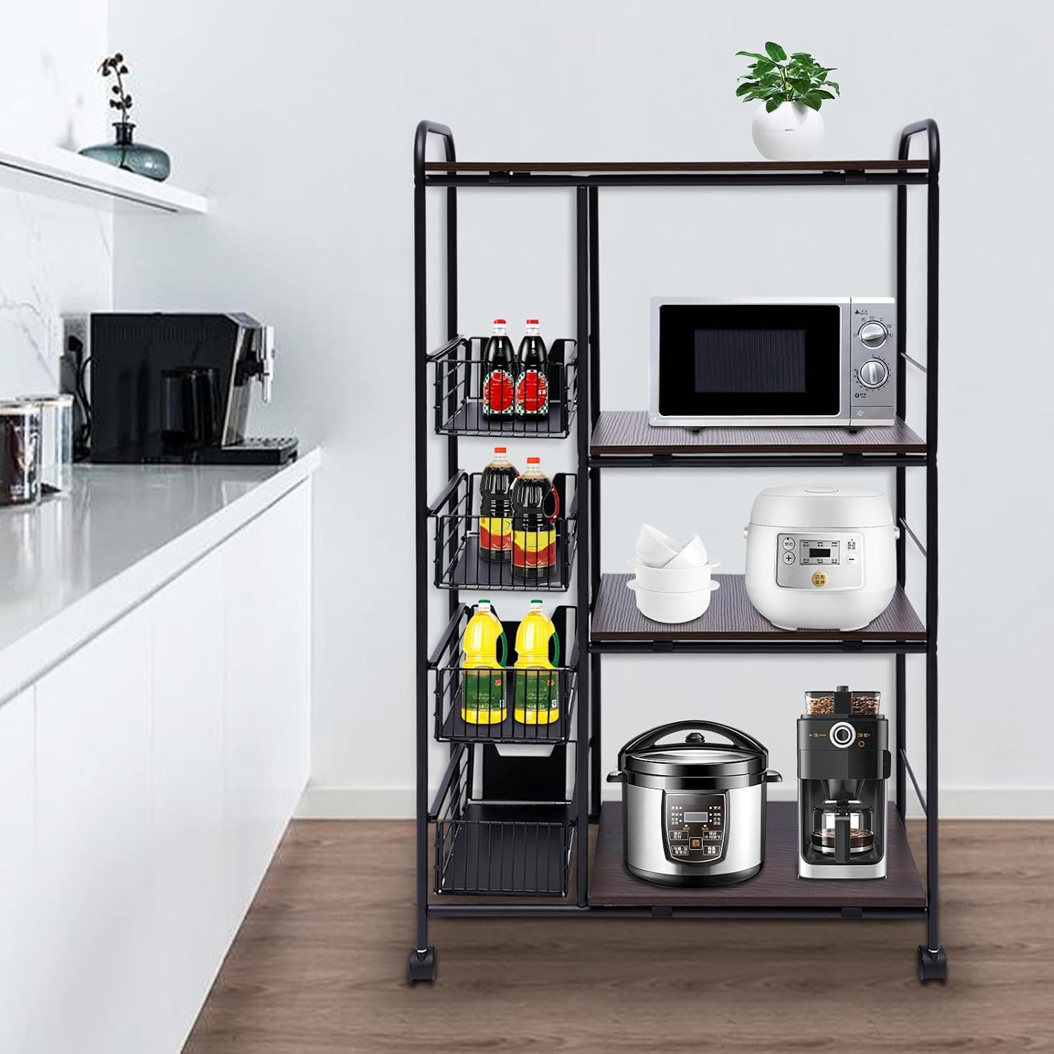 5-Tier Kitchen Bakers Rack with Storage, Kitchen Storage Cart with Wheels, Industrial Microwave Stand, Freestanding Kitchen Stand Storage Shelf, Mobile Storage Rack with Four Sliding Drawers