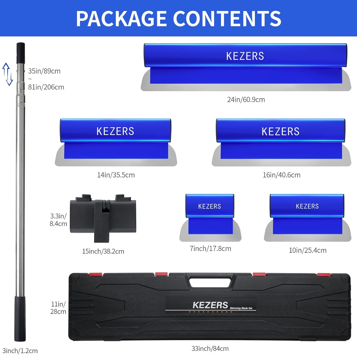 KEZERS Drywall Skimming Blade Set-7',10',14',16' & 24' Skimming Blades + 35'-81' Extension Handle, Stainless Steel Construction Knife,Smoothing Drywall Knife,Extruded Aluminum,High Impact End Caps