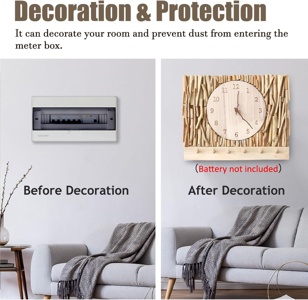 Electrical Panel Cover Wall Hanging Breaker Box Cover with Clock, Solid Wood Electric Panel Cover Cabinet with Hook, Circuit Breaker Panel Artwork for Household(WXH-60 x 50CM(23.6 x 19.7))