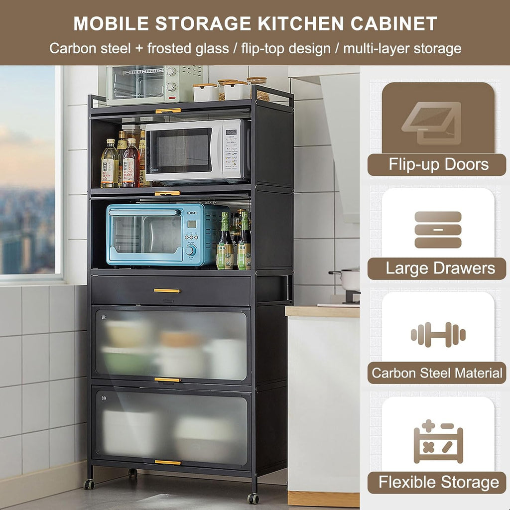 5-Tier Kitchen Storage Cabinet, Mobile Microwave Stand with Flip Doors, Freestanding Kitchen Bakers Rack with Brakeable Casters and Drawer for Dining Room, Living Room,Black,60×102cm/23.6×40in