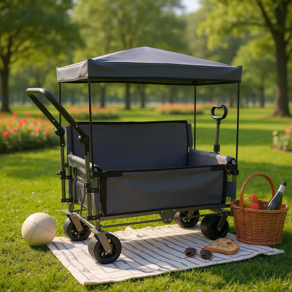 3-in-1 Folding Wagon Cart with Bench Seat & Canopy, 500lbs Heavy-Duty Capacity, All-Terrain 180L Storage Cart for Camping, Beach, Sports, Garden, Adjustable Handles, Easy Fold & Travel (Gray)