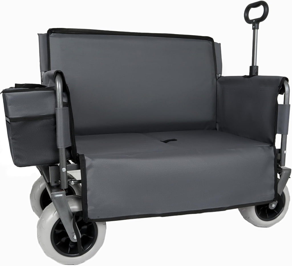 Gray Collapsible Wagon, Bench Seat & Storage, All-Terrain 9'x4' Beach Tires, Steel Frame, Folding Camping Cart for Beach, Sports, Fish, 40.94x20.47x44.29 in