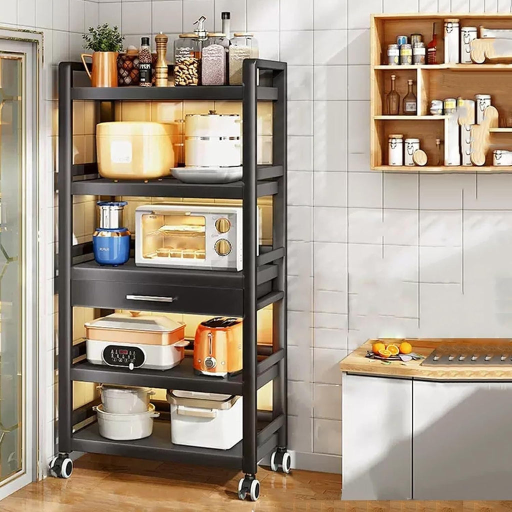Microwave Stand with Drawer, Metal Baker's Rack for Kitchen Storage, Standing Shelf with Casters, Versatile Oven Rack for Home, Living Room & Hallway (Black)(Black,50x39x132cm)