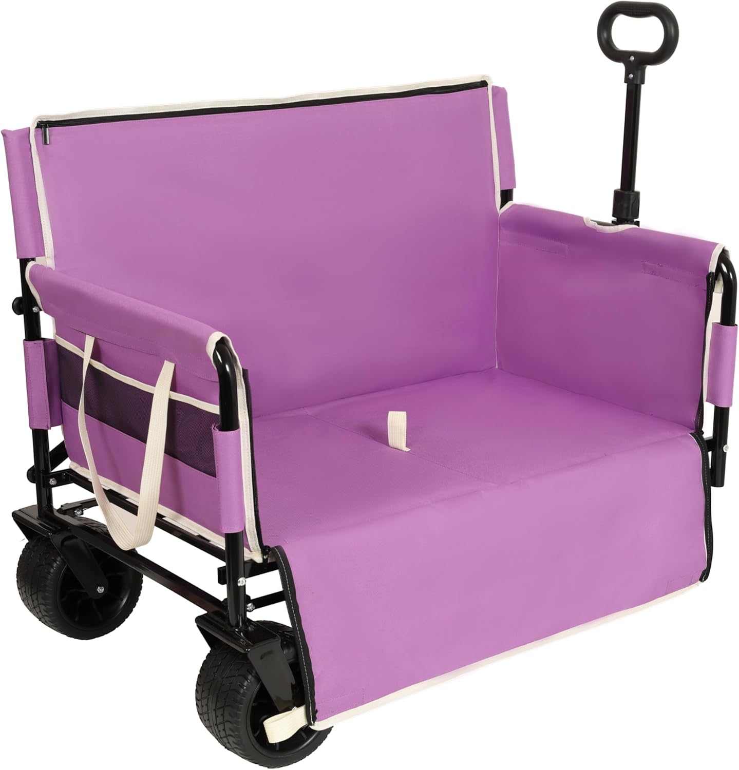 3-in-1 Convertible Folding Wagon Cart with Bench Seat & Storage, 500lb Capacity Heavy-Duty Utility Cart, 180L All-Terrain Wagon for Camping, Beach, Garden (Purple)
