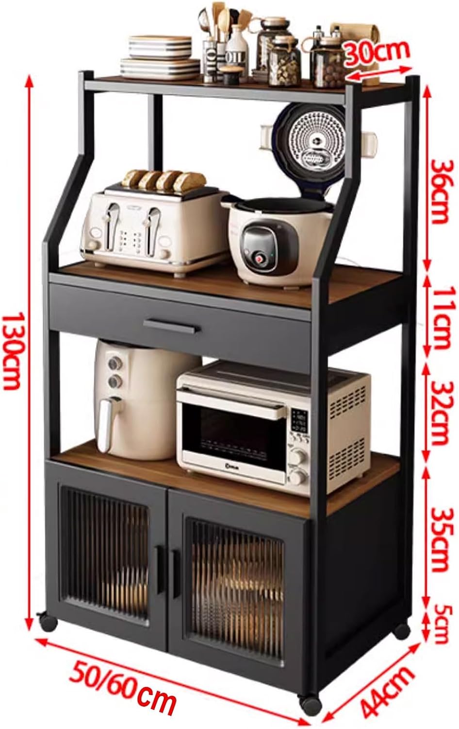 Freestanding Multi-Layer Kitchen Floor Cupboard，Microwave Storage Stand,Bakers Rack with Cabinet Made of Particle Board Kitchen Baker's Rack with Flip Door Cabinet and Drawer 4-Tier Freestan