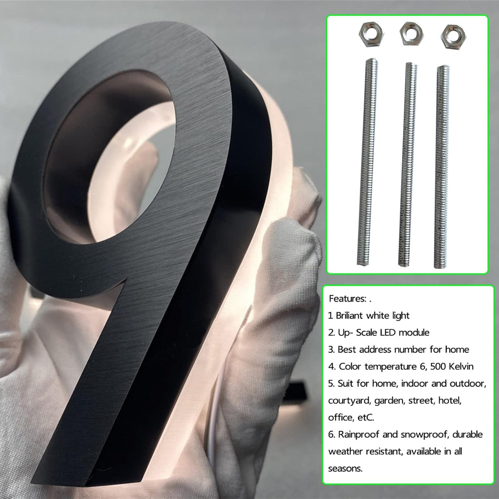 Backlit Lighed LED House Numbers, Black Finishes, Address Signs Lighted Plaque, Outdoor/Indoor, Modern, Low-Voltage, Weatherproof, Day & Night, White Light,16 Inch,8