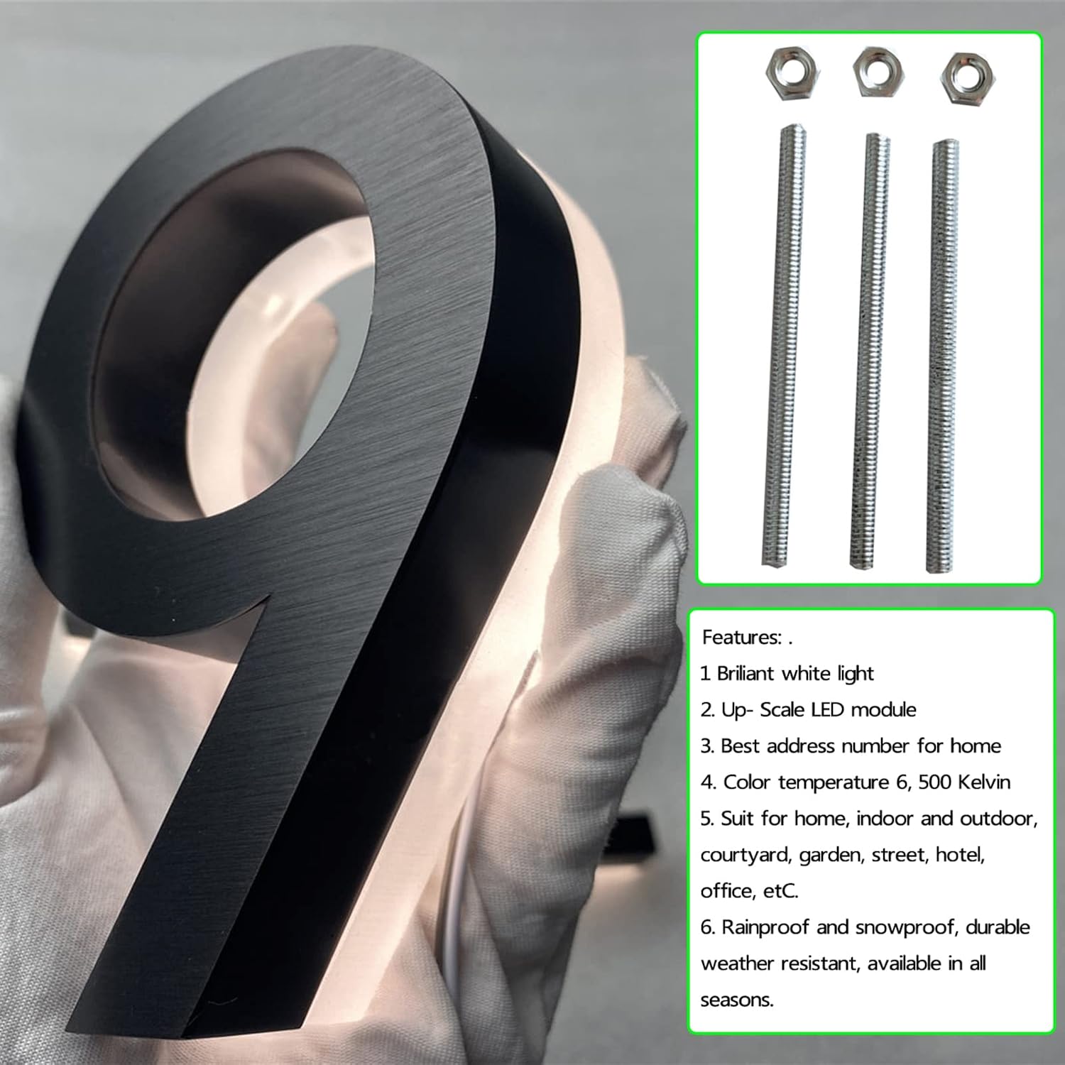 Backlit Lighed LED House Numbers, Black Finishes, Address Signs Lighted Plaque, Outdoor/Indoor, Modern, Low-Voltage, Weatherproof, Day & Night, White Light,16 Inch,8