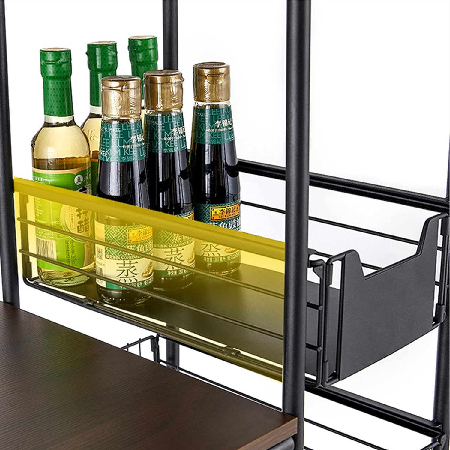 Gdrasuya10 Kitchen Baker Rack, 4-Tier Free Standing Walnut Mobile Shelving Unit Organizer Trolley Cart with 4 Push-Pull Drawers Weight Capacity 100 lbs