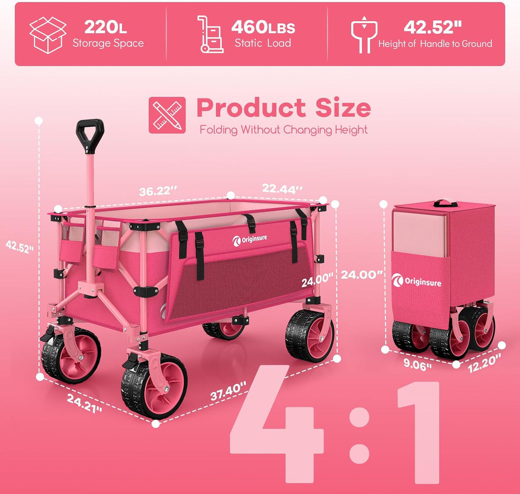 Originsure 220L Collapsible Wagon Cart Foldable, 460lbs Load Capacity Heavy Duty Folding Beach Wagons with Big All-Terrain Wheels, Utility Carts for Groceries, Camping, Sports - Pink