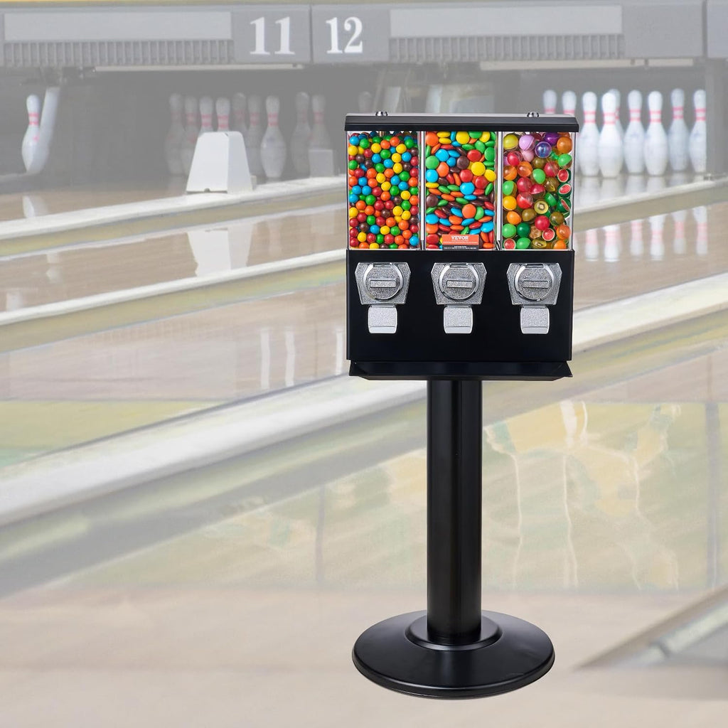 VEVOR Commercial Vending Machine, Triple Compartment Candy Dispenser with Iron Stand, Gumball and Candy Machine for Business, Coin Operated Gumball Bank for Toy Capsules Bouncy Balls Candy Nut, Black