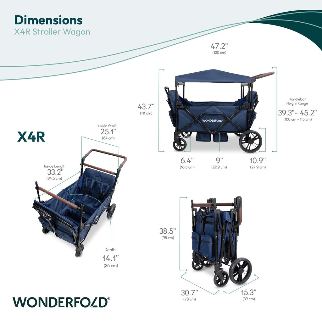 WONDERFOLD X4R Rev Stroller Wagon (4 Seater) - Collapsible Stroller Wagon with 5-Point Seatbelt Harnesses, Reclining Seats & Footwells, Black