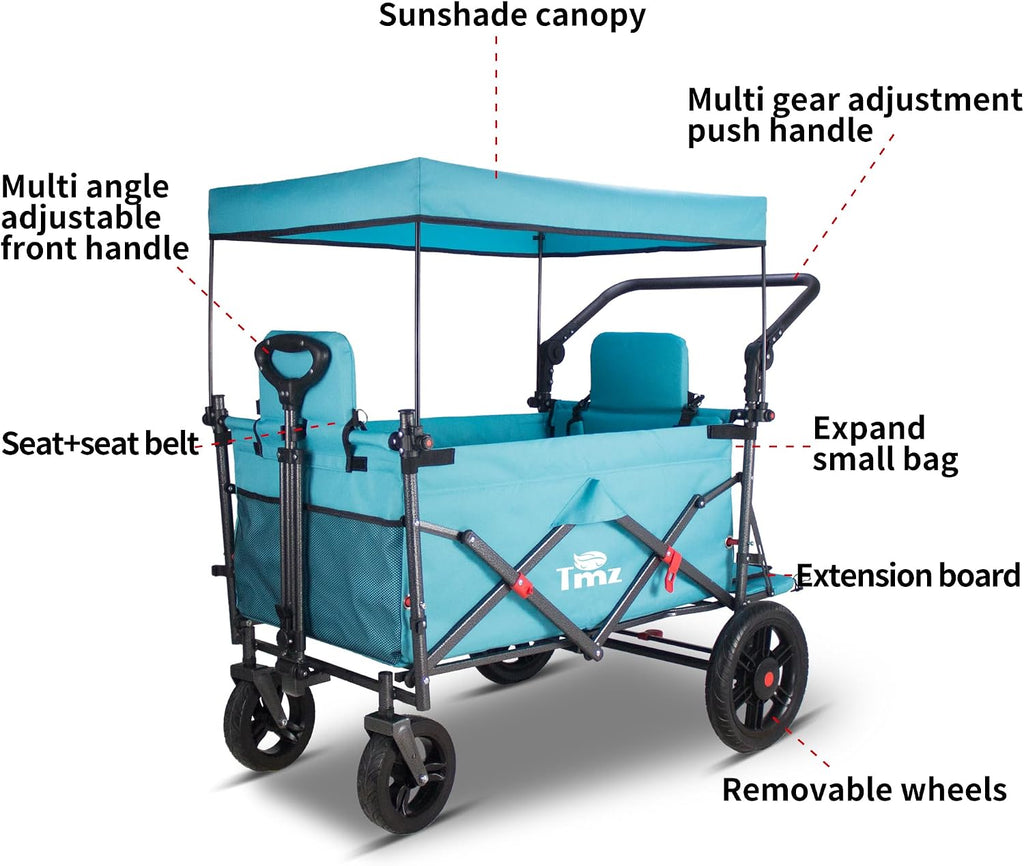TMZ Collapsible Wagon with 2 Foldable Seats, Folding Cart with Removable Canopy, Heavy Duty Wagon 265LBS Load Capacity for Camping Garden Shopping (Turquoise)