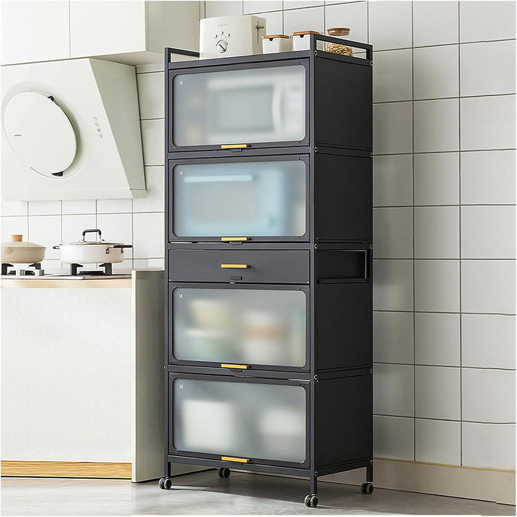 5 Tier Kitchen Bakers Rack with Microwave Stand Drawer and Lockable Casters Black 70×170cm