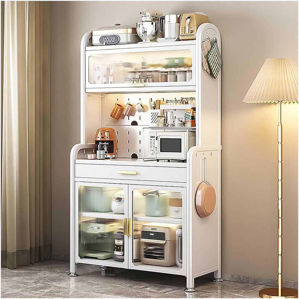 Adjustable 5 Tier Kitchen Storage Shelf with Drawer and Coffee Bar Station Freestanding Microwave Stand and nizer Large Bakers Rack for Kitchen nization White 179×70cm