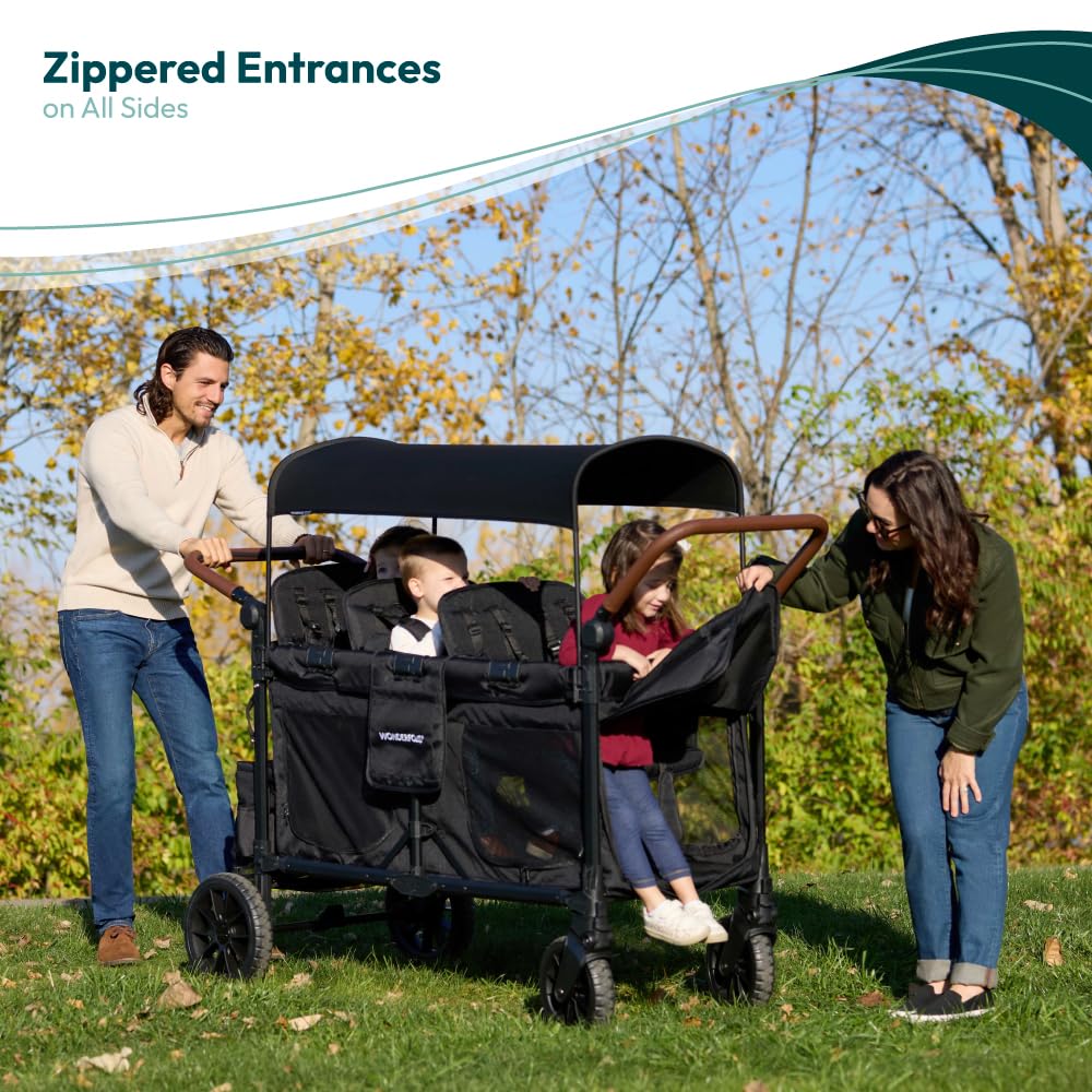 WonderFold W6 Luxe Pro Stroller Wagon - Collapsible Stroller Wagon with Aluminum Frame - Adjustable Canopy & Push Handle - XL All-Terrain Wheels - for Babies, Toddlers & Kids - 6 Seater - Black