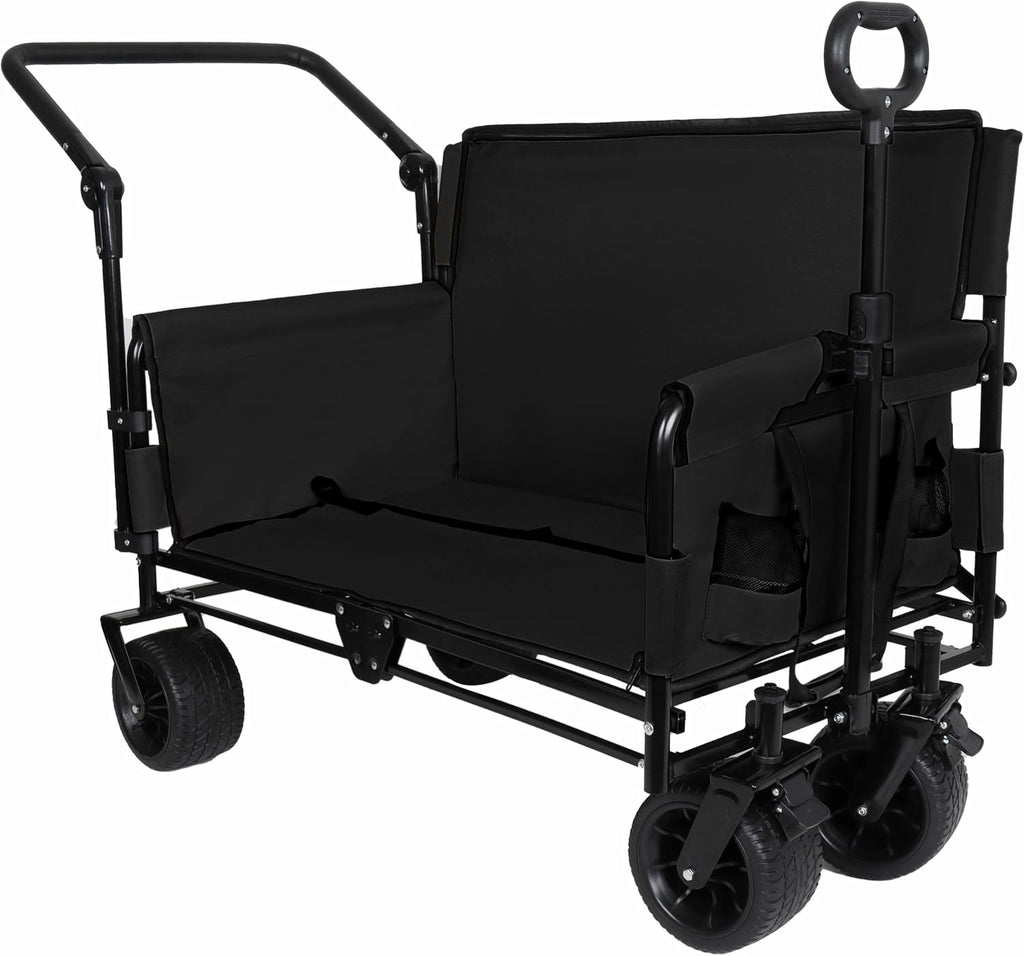 3-in-1 Heavy-Duty Folding Wagon Cart with Adjustable Canopy & Bench Seat – 500lbs Capacity, All-Terrain Utility Cart for Camping, Beach, Sports, Garden Storage (Black)