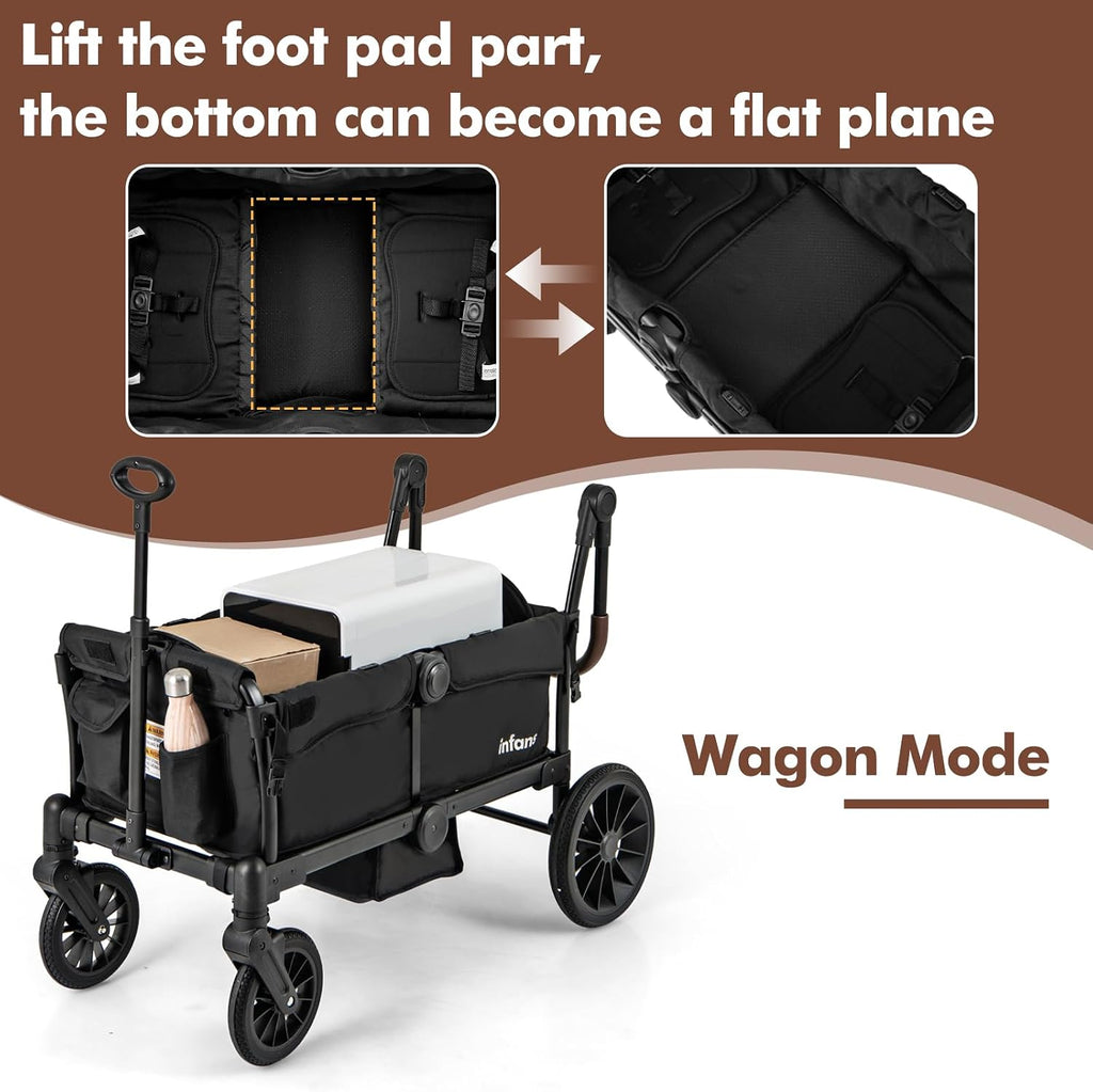 INFANS Wagon Stroller for 2 Kids, Collapsible Adjustable Push Pull Handle Bar, 2 Seater Stroller Wagon with Removable Canopy Snack Tray, Comfortable Drop-Down footwell and Upholstered Seats