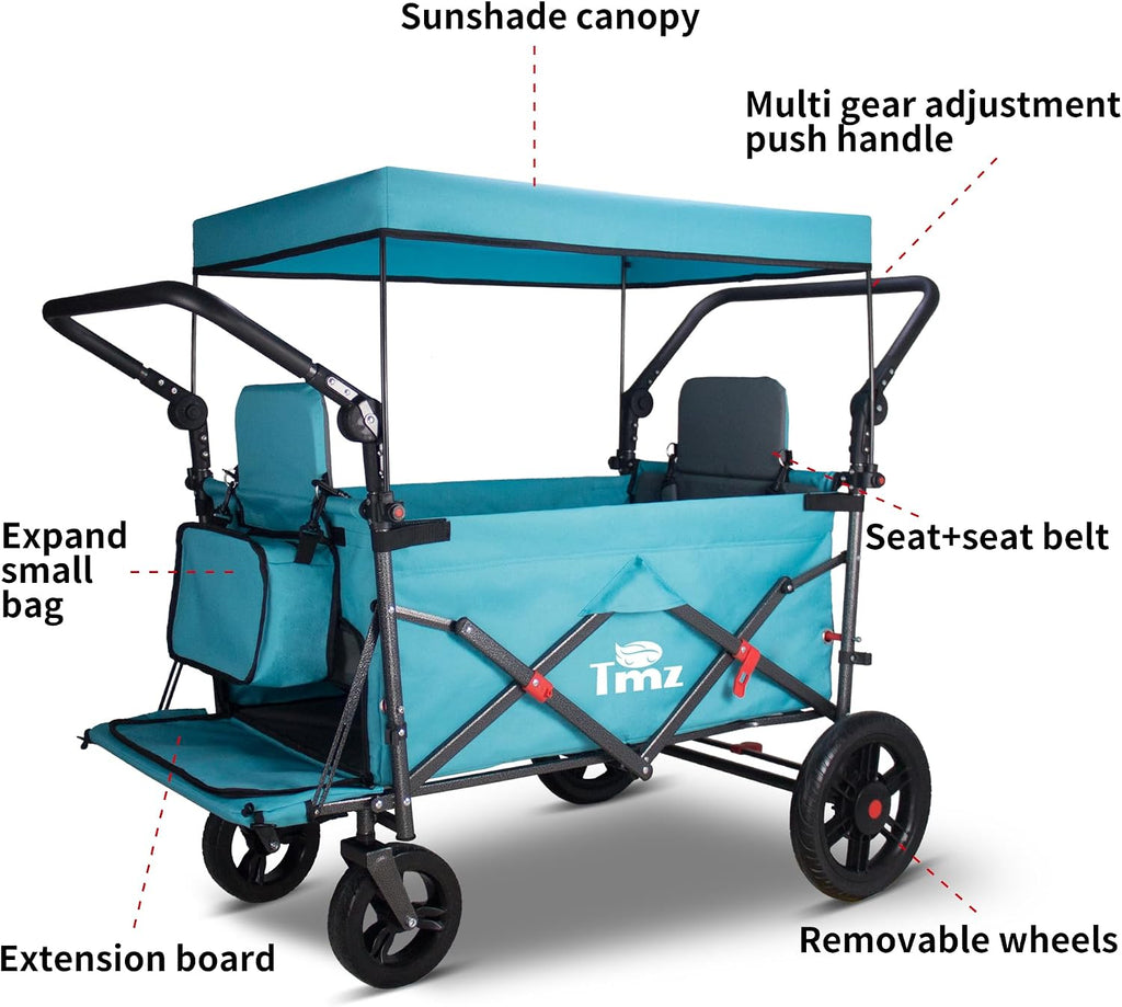 TMZ Collapsible Wagon with 2 Foldable Seats, Folding Wagon with Canopy, Multi Functional Cart with Adjustable Handle Bar, Front Expandable for Transport Camping (Turquoise/Grey)