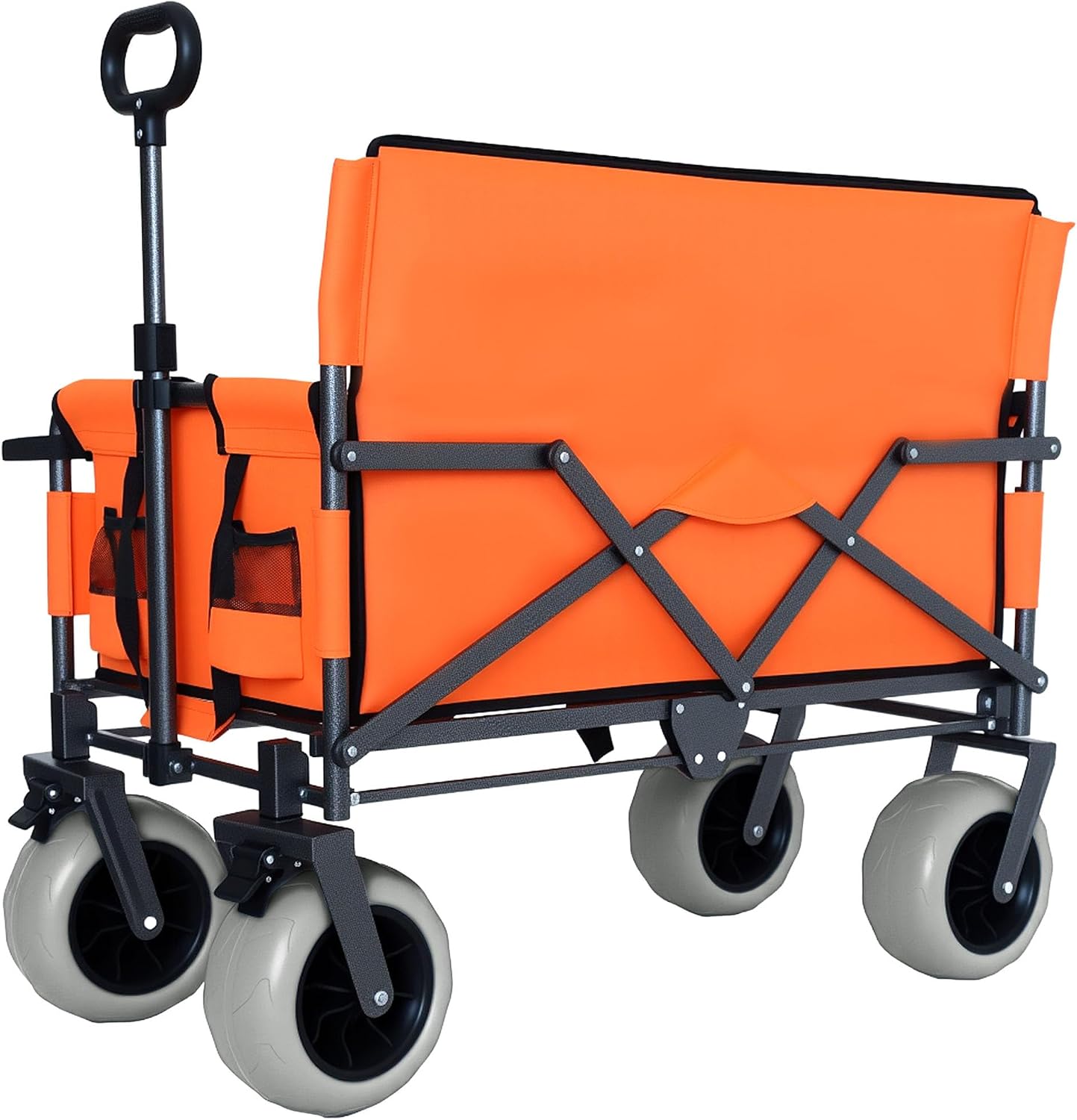 3-in-1 Folding Wagon with Seats and Table, All Terrain Beach Cart with Big Wheels for Sand, 500lbs Heavy Duty Collapsible Wagon for Camping Family Shopping (Orange)