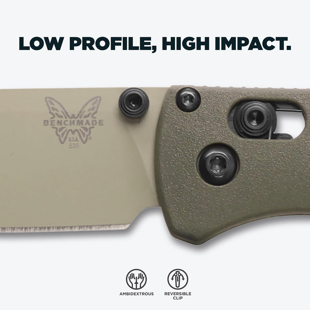 Benchmade - Bugout Outdoor EDC Folding Knife, Slim, Lightweight, Plain Edge, Drop-Point Blade, CPM-S30V Stainless Steel (58-60HRC), Grivory Handle (535TN-11)