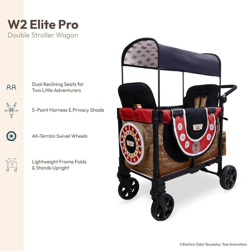 WONDERFOLD W2 Elite Pro Limited Edition ONE PIECE Thousand Sunny Stroller Wagon 2 Seater - Collapsible Wagon Stroller with Seats w/ 5-Point Harnesses, Easy Access Zipper Door, and Removable Sun Canopy