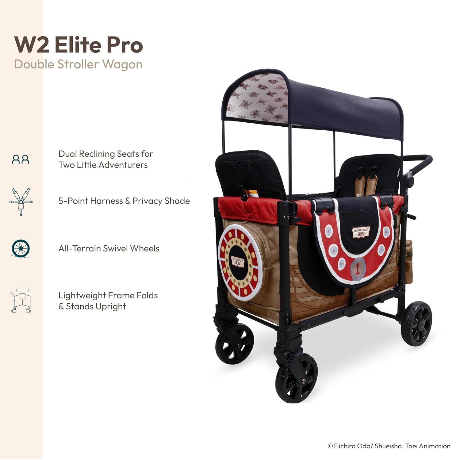 WONDERFOLD W2 Elite Pro Limited Edition ONE PIECE Thousand Sunny Stroller Wagon 2 Seater - Collapsible Wagon Stroller with Seats w/ 5-Point Harnesses, Easy Access Zipper Door, and Removable Sun Canopy