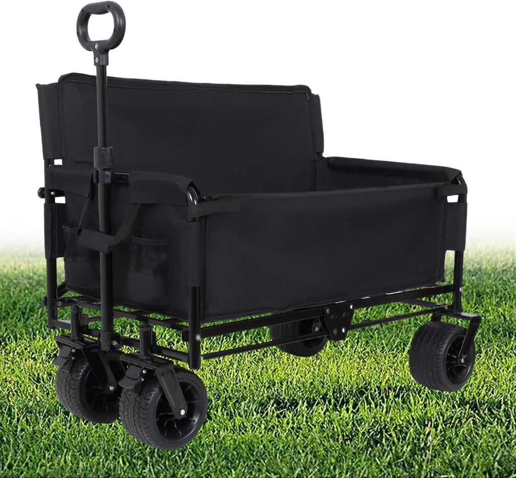 Convertible Folding Wagon Cart, 500lbs Heavy-Duty Utility Wagon with Bench Seat & Storage, 180L Capacity, All-Terrain Wheels for Camping, Beach, Sports, Garden