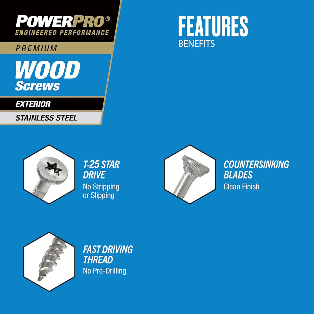 Power Pro 48625 Wood Screws, #8 x 1, Premium Stainless Marine Screws, Rust Resistant, Stainless Steel, 5lb Tub, 860 pcs