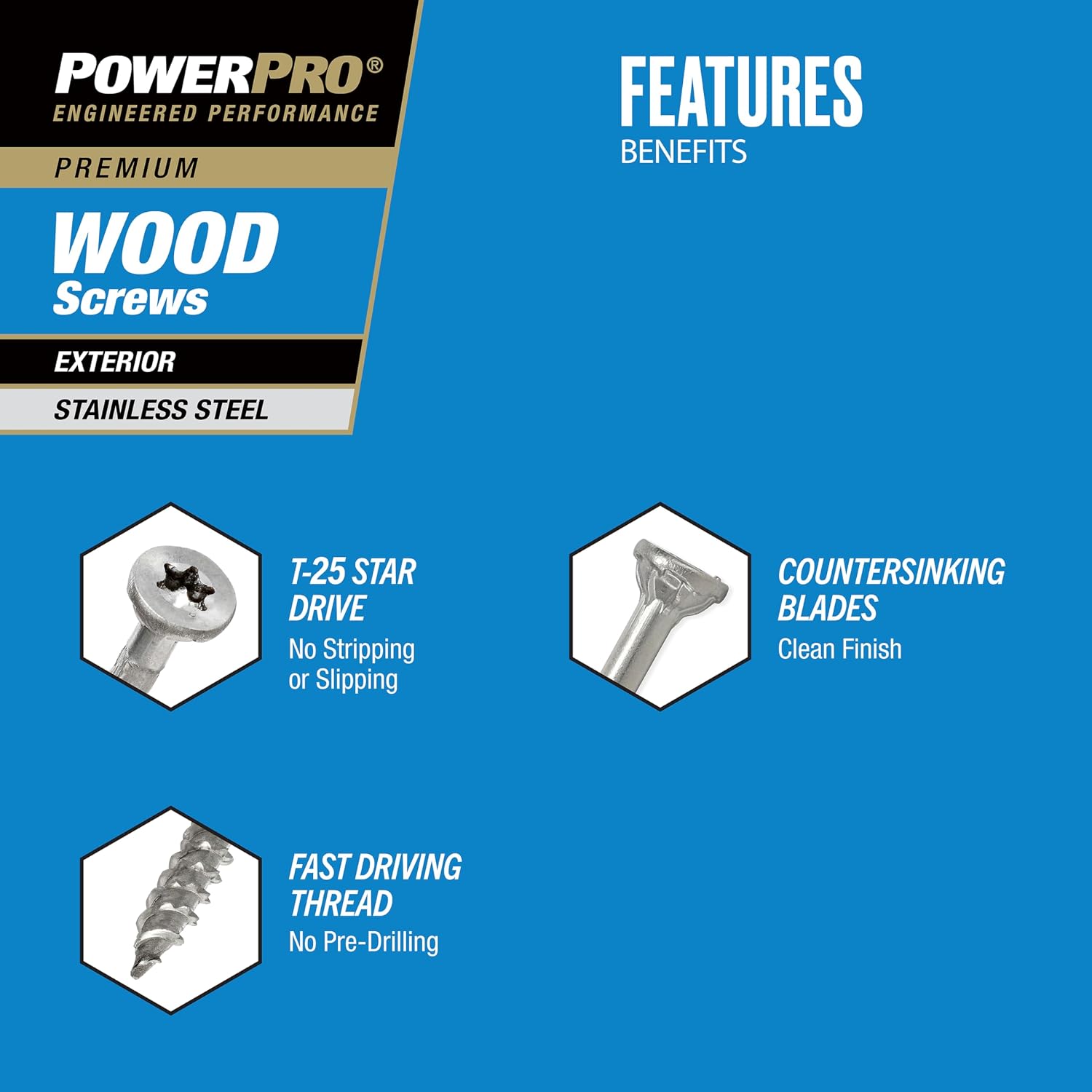 Power Pro 48625 Wood Screws, #8 x 1, Premium Stainless Marine Screws, Rust Resistant, Stainless Steel, 5lb Tub, 860 pcs