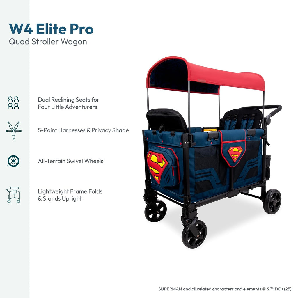 WONDERFOLD W4 Elite Pro Special Edition Superman Stroller Wagon (4 Seater) - Collapsible Wagon Stroller with Seats with 5-Point Harnesses, Easy Access Zipper Door, and Removable Sun Canopy