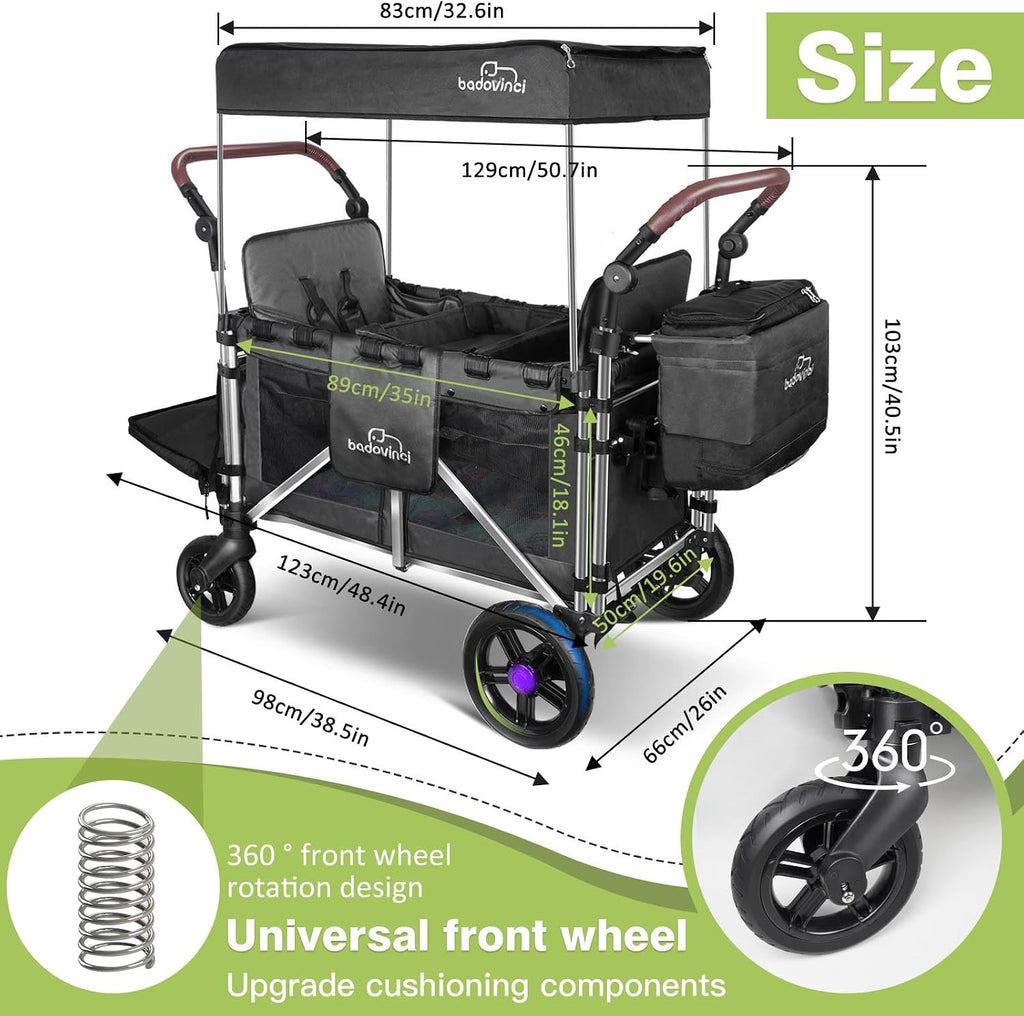 Stroller Wagon for 2 Kids, Wagon Cart Featuring 2 High Seat with 5-Point Harnesses and Adjustable Canopy, Foldable Push-Pull Rod for Garden, Camping, Grocery Cart